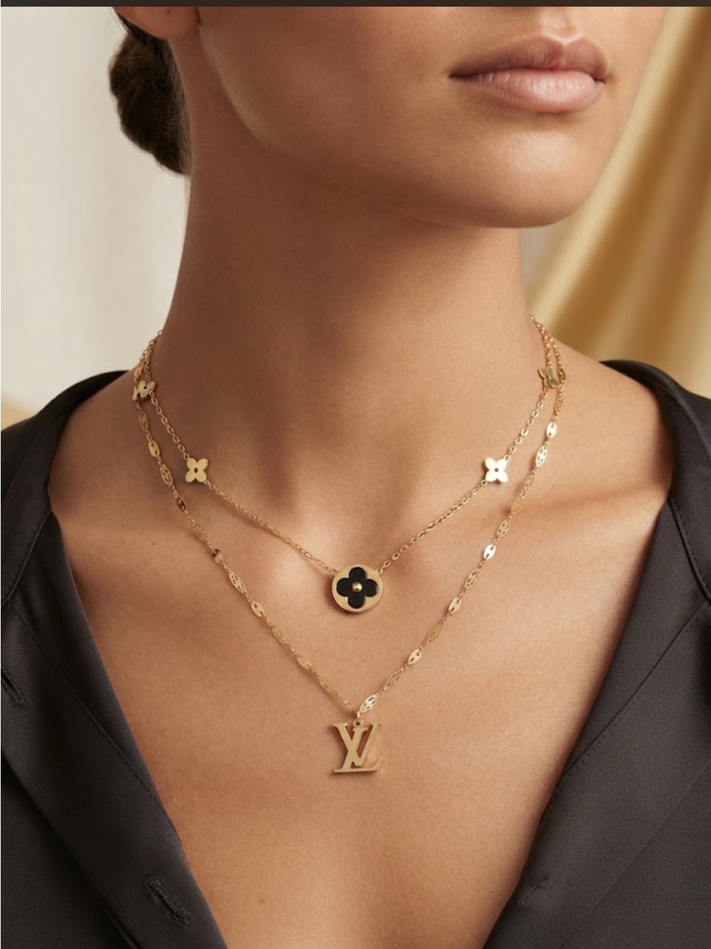 Brand New ! Gold and Black Monogram Double-Layer Necklace